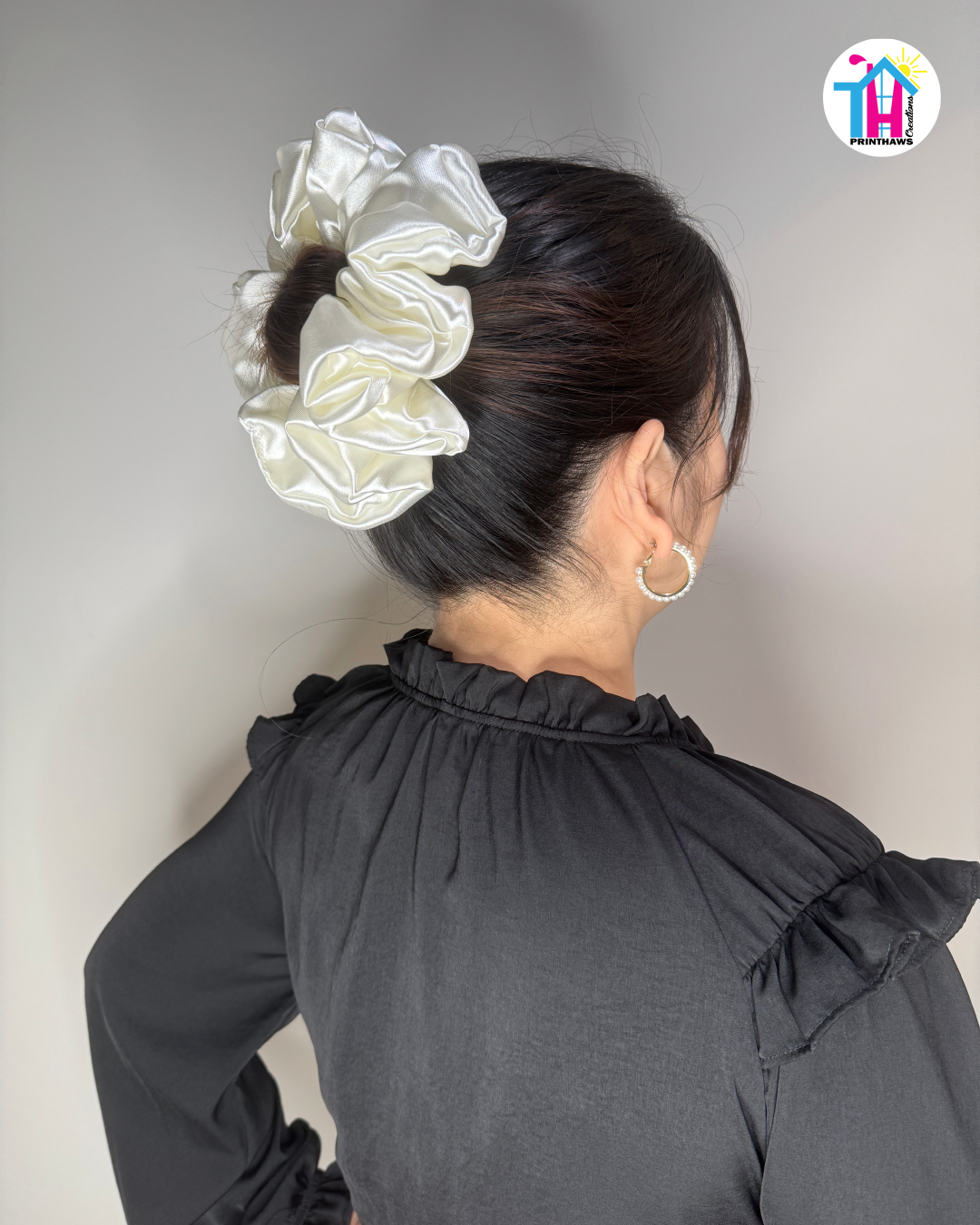Luna Scrunchie - Handmade By Ruby Rose, Printhaws Creations, Ivory, Satin, XXL (6x6 inches) - Hair Bun Style