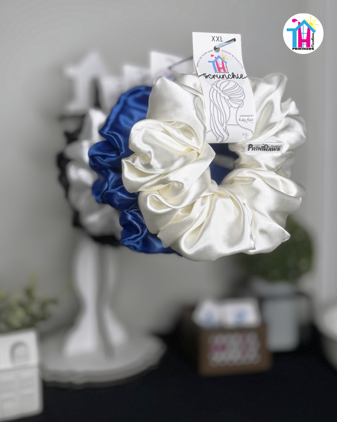 Luna Scrunchie - Handmade By Ruby Rose, Printhaws Creations, Ivory, Satin, XXL (6x6 inches) - Tagged Display Angle