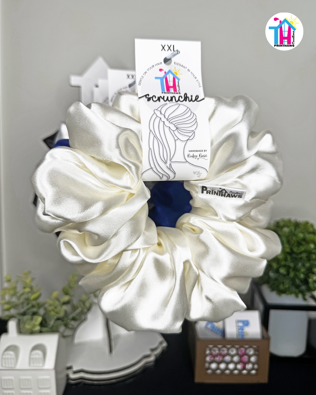 Luna Scrunchie - Handmade By Ruby Rose, Printhaws Creations, Ivory, Satin, XXL (6x6 inches) - Tagged Display Front