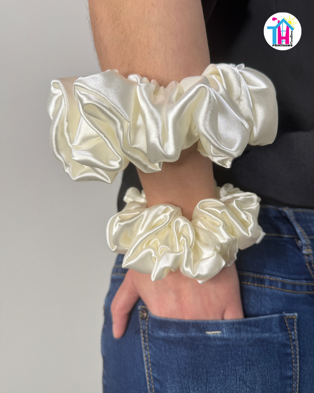 Luna Scrunchie - Handmade By Ruby Rose, Printhaws Creations, Ivory, Satin, XXL (6x6 inches) And Medium (4x4 inches) - Wrist Style
