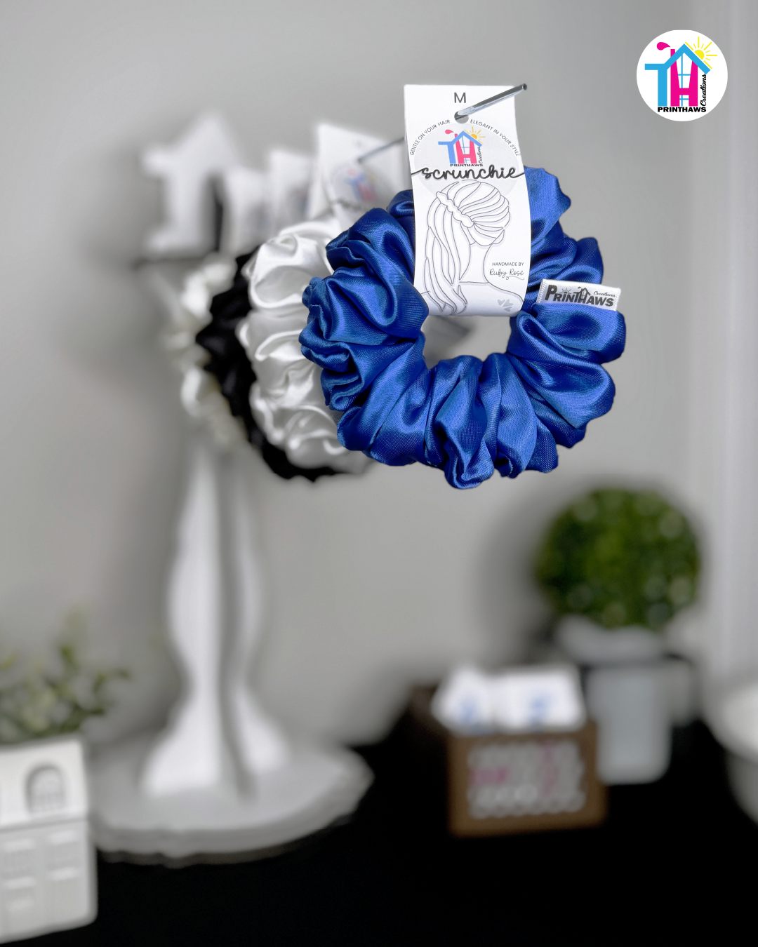 Galaxia Scrunchie - Handmade By Ruby Rose, Printhaws Creations, Royal Blue, Satin, Medium (4x4 inches) - Tagged Display Angle