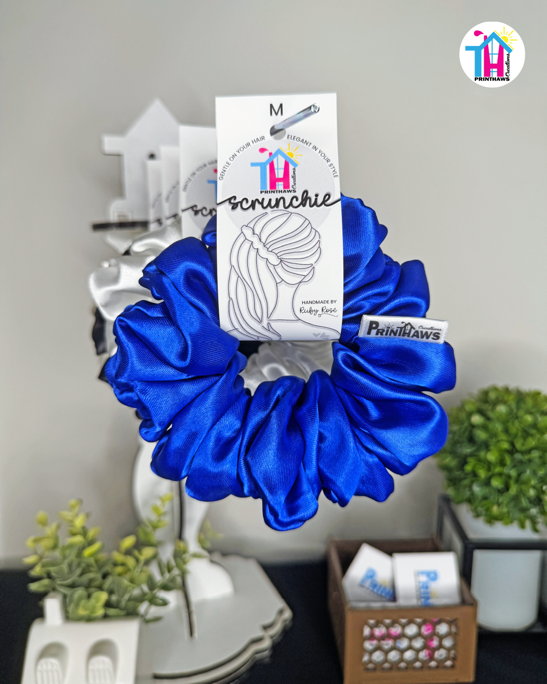 Galaxia Scrunchie - Handmade By Ruby Rose, Printhaws Creations, Royal Blue, Satin, Medium (4x4 inches) - Tagged Display Front
