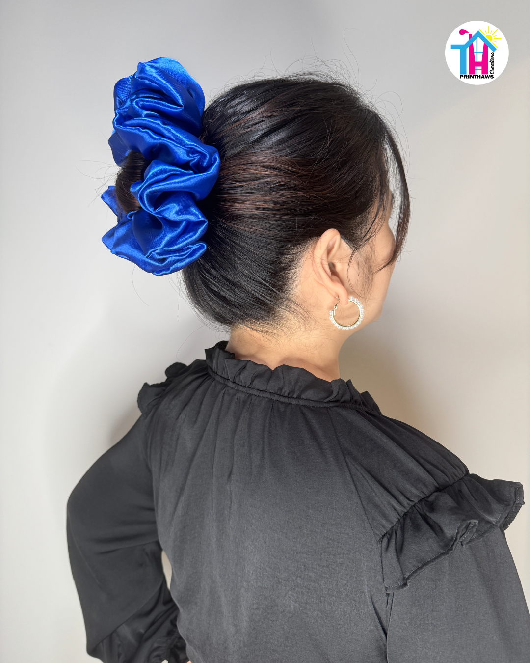 Galaxia Scrunchie - Handmade By Ruby Rose, Printhaws Creations, Royal Blue, Satin, XXL (6x6 inches) - Hair Bun Style
