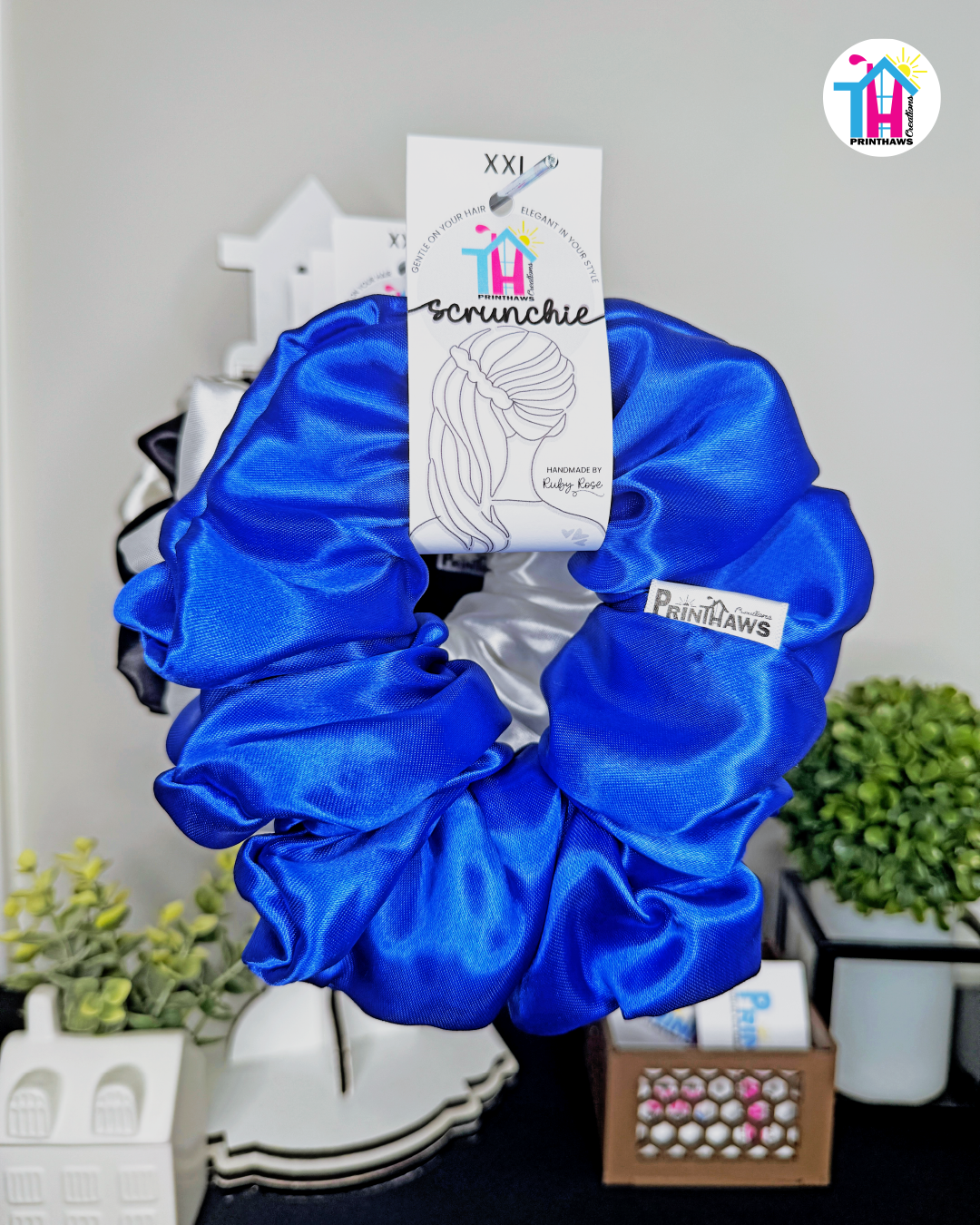 Galaxia Scrunchie - Handmade By Ruby Rose, Printhaws Creations, Royal Blue, Satin, XXL (6x6 inches) - Tagged Display Front