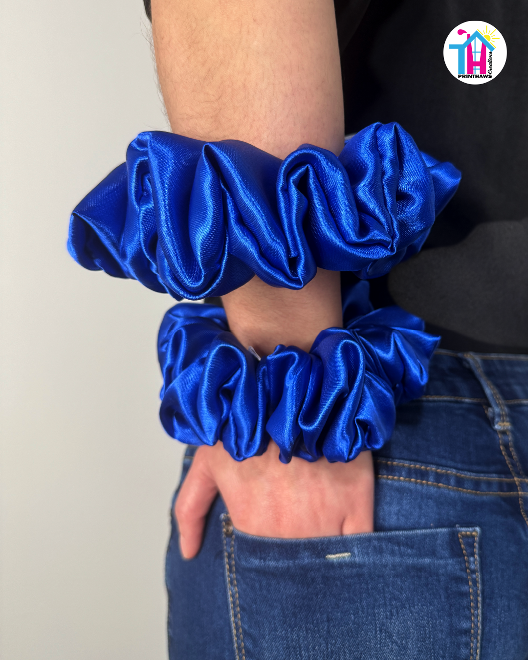 Galaxia Scrunchie - Handmade By Ruby Rose, Printhaws Creations, Royal Blue, Satin, XXL (6x6 inches) And Medium (4x4 inches) - Wrist Style