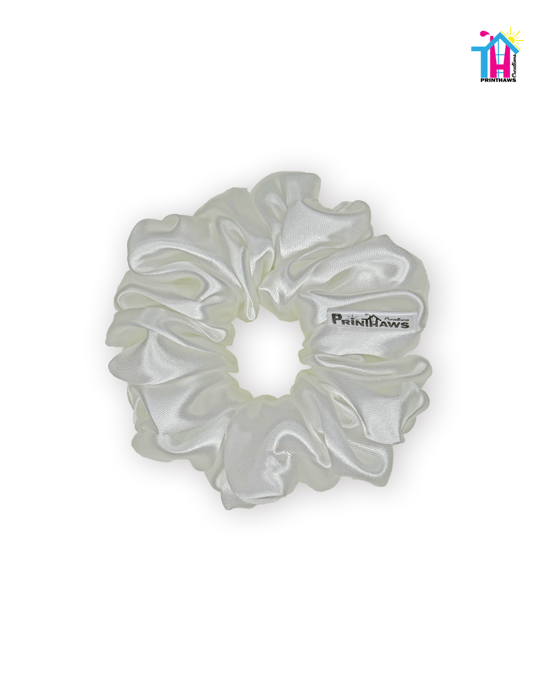 Moonbeam Scrunchie - Handmade By Ruby Rose, Printhaws Creations, White, Satin, Medium (4x4 inches) - Laid Flat
