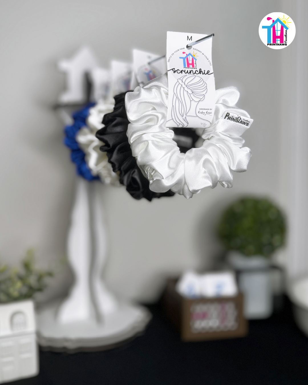 Moonbeam Scrunchie - Handmade By Ruby Rose, Printhaws Creations, White, Satin, Medium (4x4 inches) - Tagged Display Angle