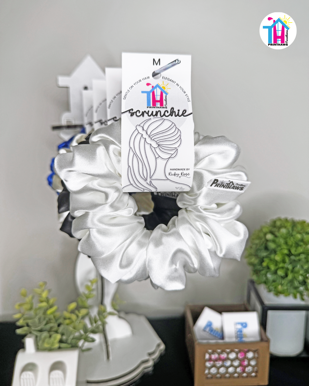 Moonbeam Scrunchie - Handmade By Ruby Rose, Printhaws Creations, White, Satin, Medium (4x4 inches) - Tagged Display Front