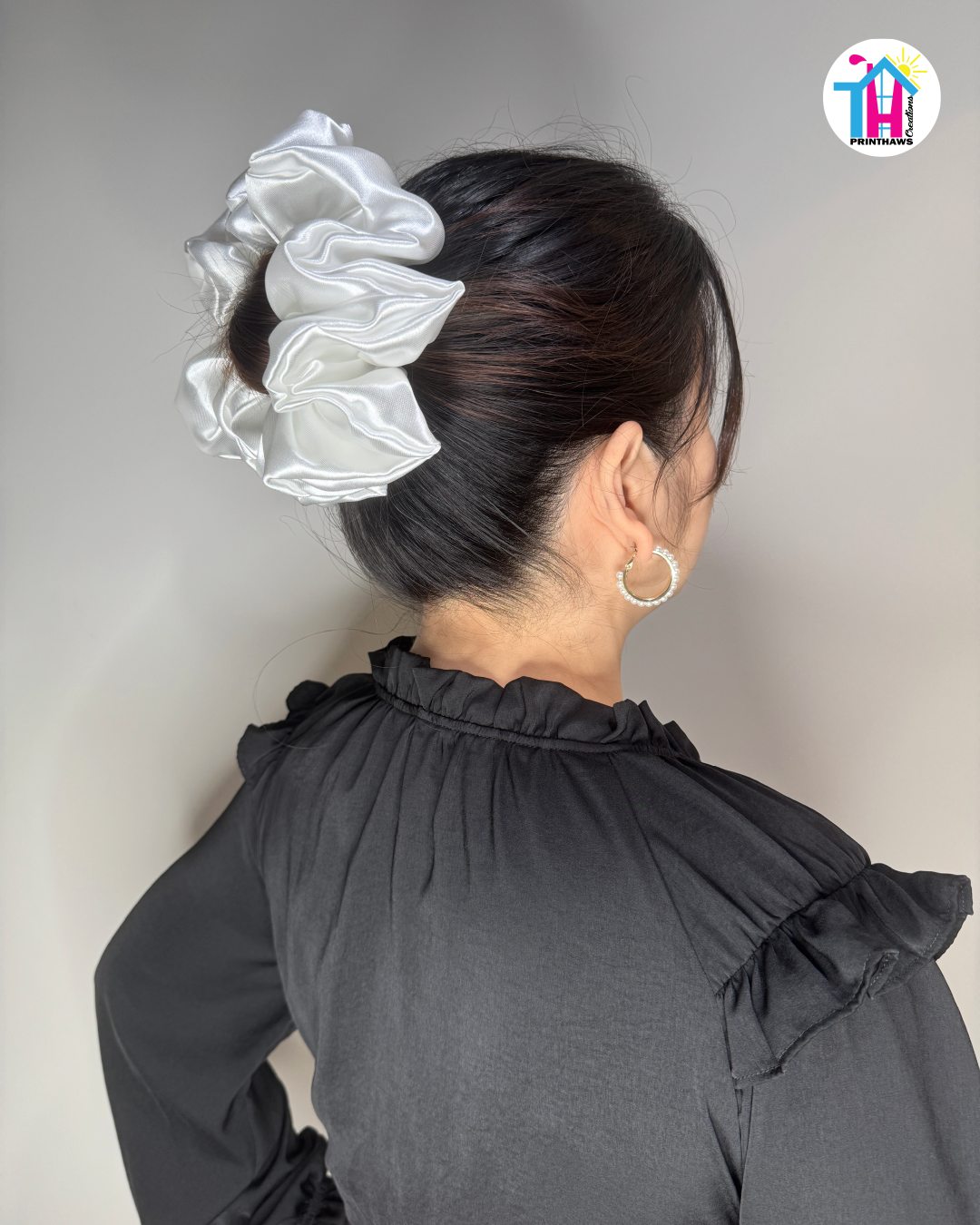Moonbeam Scrunchie - Handmade By Ruby Rose, Printhaws Creations, White, Satin, XXL (6x6 inches) - Hair Bun Style