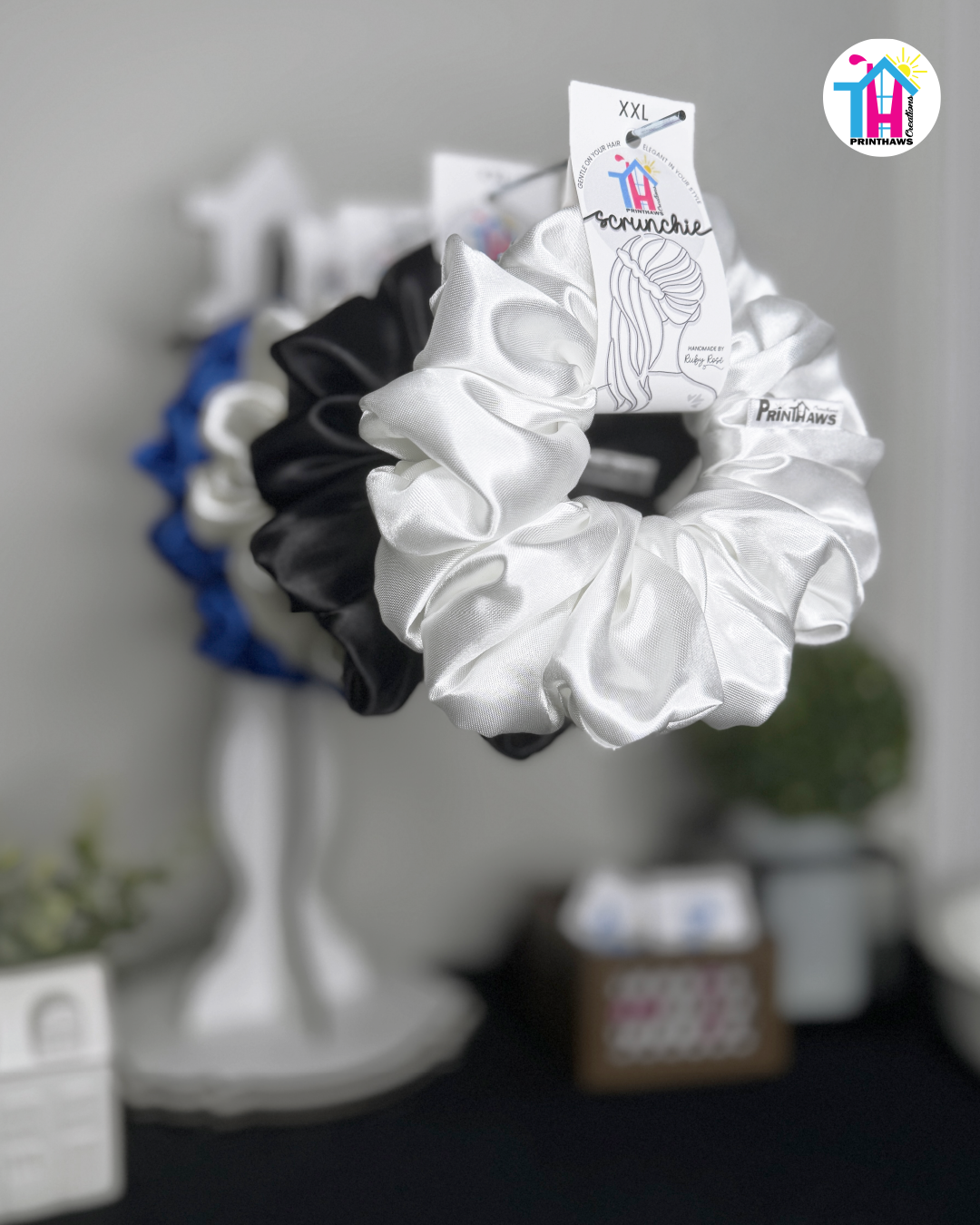 Moonbeam Scrunchie - Handmade By Ruby Rose, Printhaws Creations, White, Satin, XXL (6x6 inches) - Tagged Display Angle