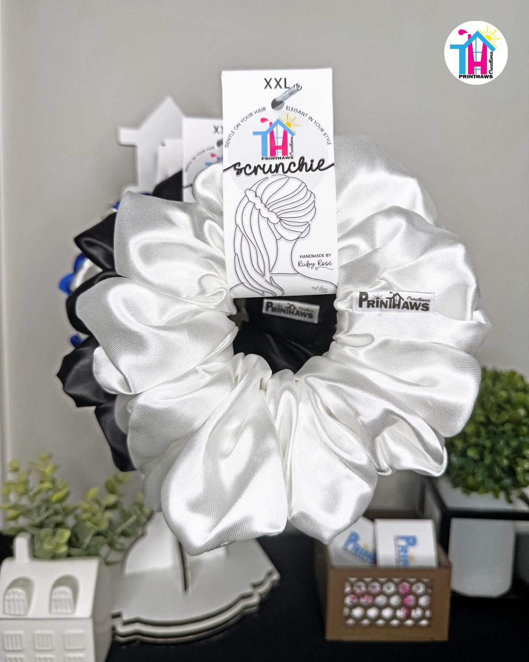Moonbeam Scrunchie - Handmade By Ruby Rose, Printhaws Creations, White, Satin, XXL (6x6 inches) - Tagged Display Front