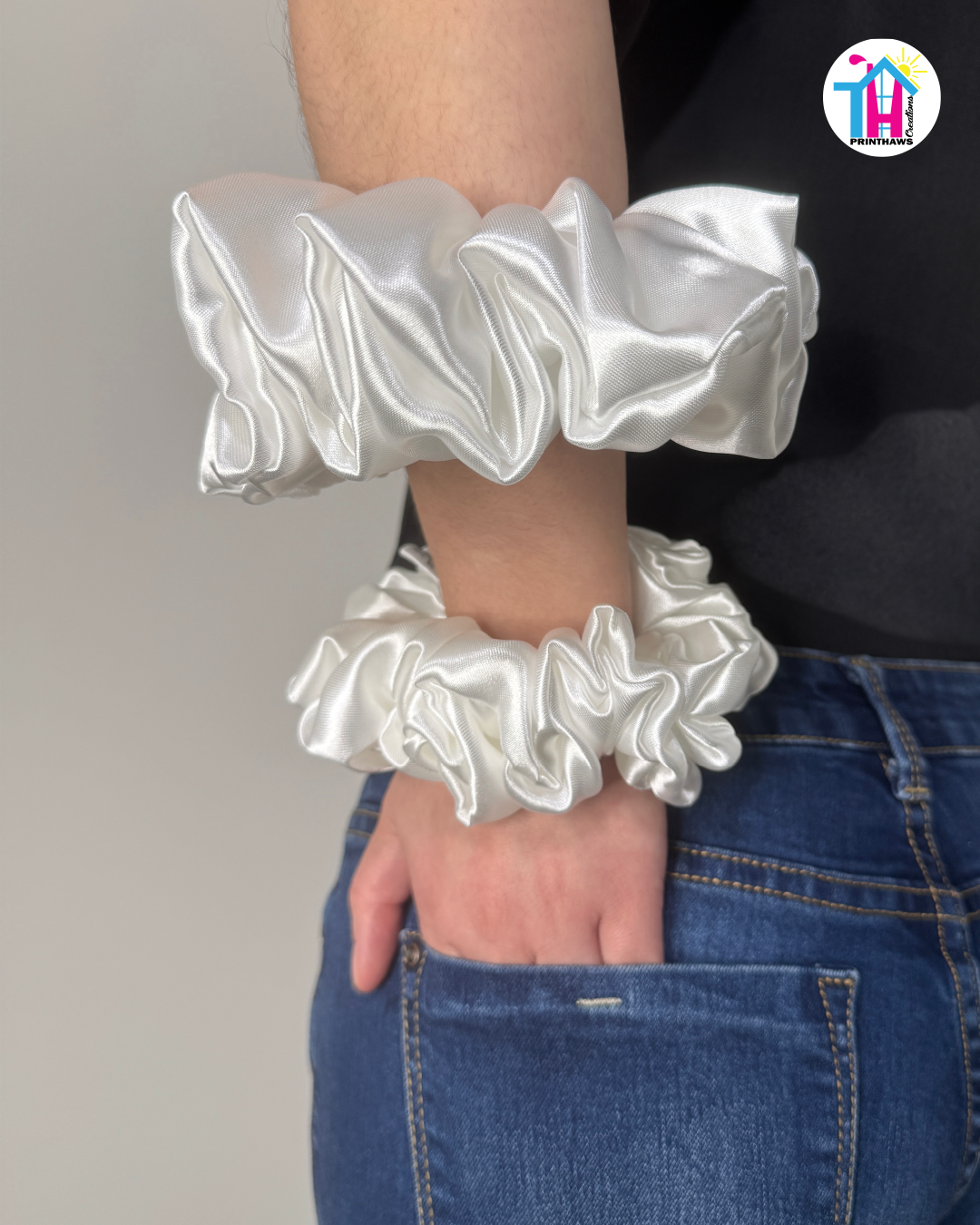 Moonbeam Scrunchie - Handmade By Ruby Rose, Printhaws Creations, White, Satin, XXL (6x6 inches) And Medium (4x4 inches) - Wrist Style