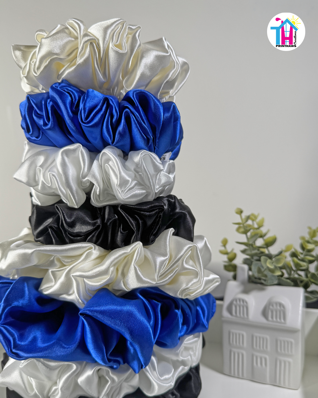 Scrunchie - Handmade By Ruby Rose, Printhaws Creations, White, Black, Ivory, Royal Blue, Satin, XXL (6x6 inches) And Medium (4x4 inches) - Full Set