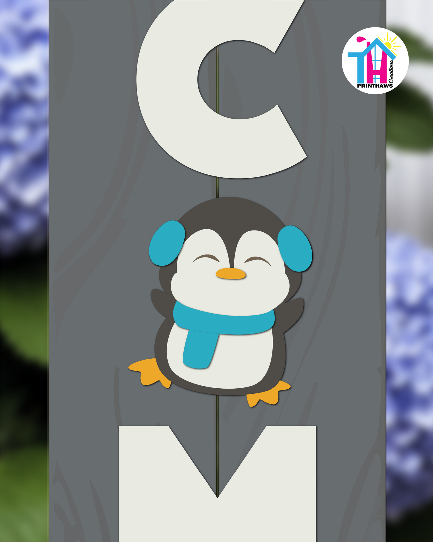 Penguin Blue - Vertical Sign Swappable By Printhaws Creations, 3D Accent (Approx. 8 × 8 in)