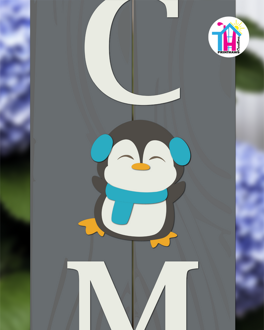 Penguin Blue - Vertical Sign Swappable By Printhaws Creations, 3D Accent (Approx. 8 × 8 in)