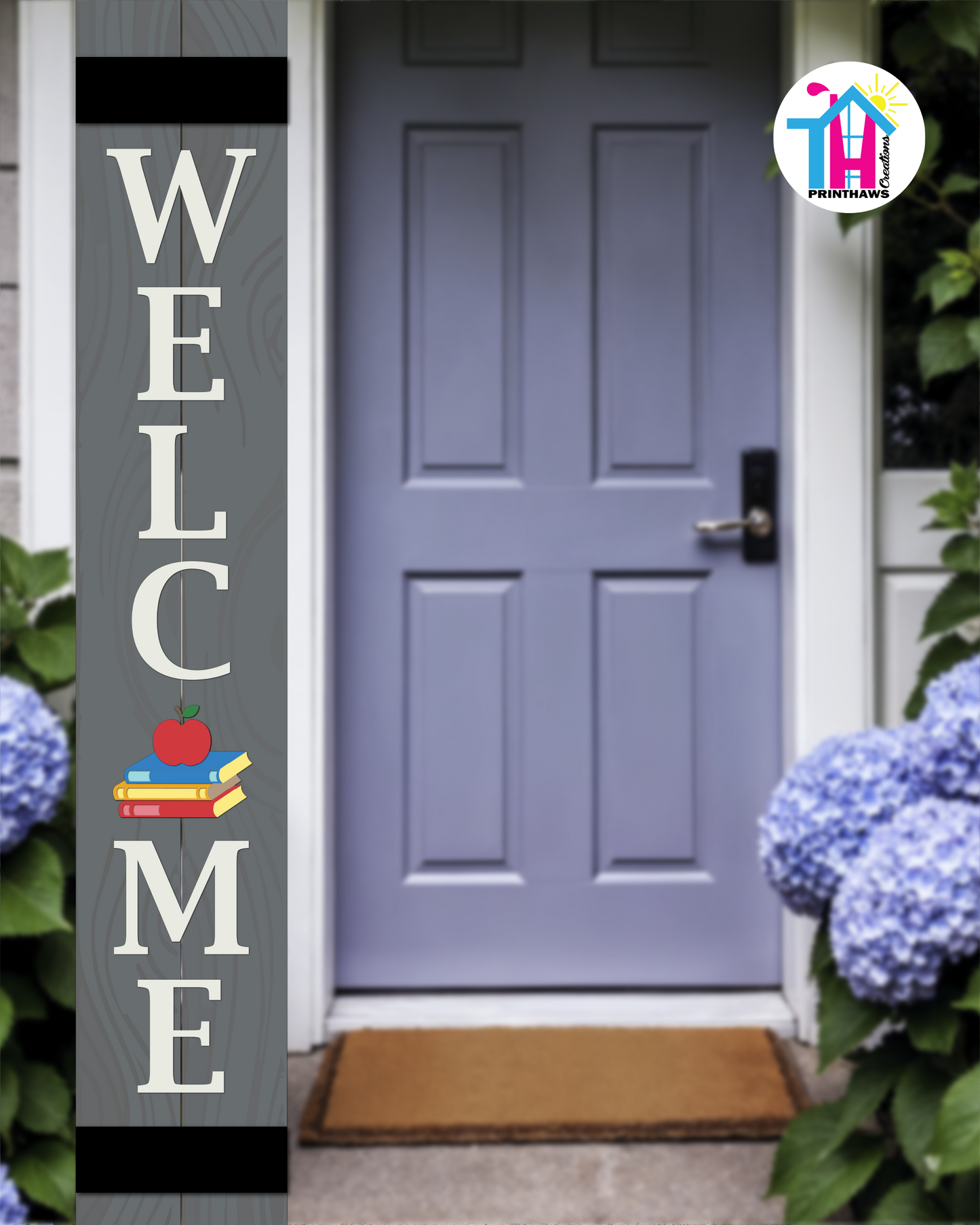 WELCOME - Vertical Sign Base (Transitional Font, Gray Base) By Printhaws Creations, Wooden Porch Sign (Approx. 6 ft x 1 ft)