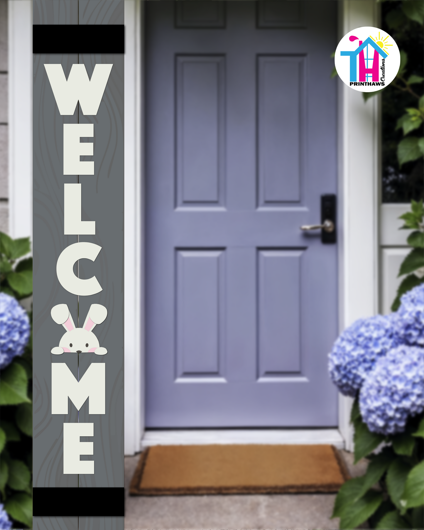 WELCOME - Vertical Sign Base (Block Font, Gray Base) By Printhaws Creations, Wooden Porch Sign (Approx. 6 ft x 1 ft)