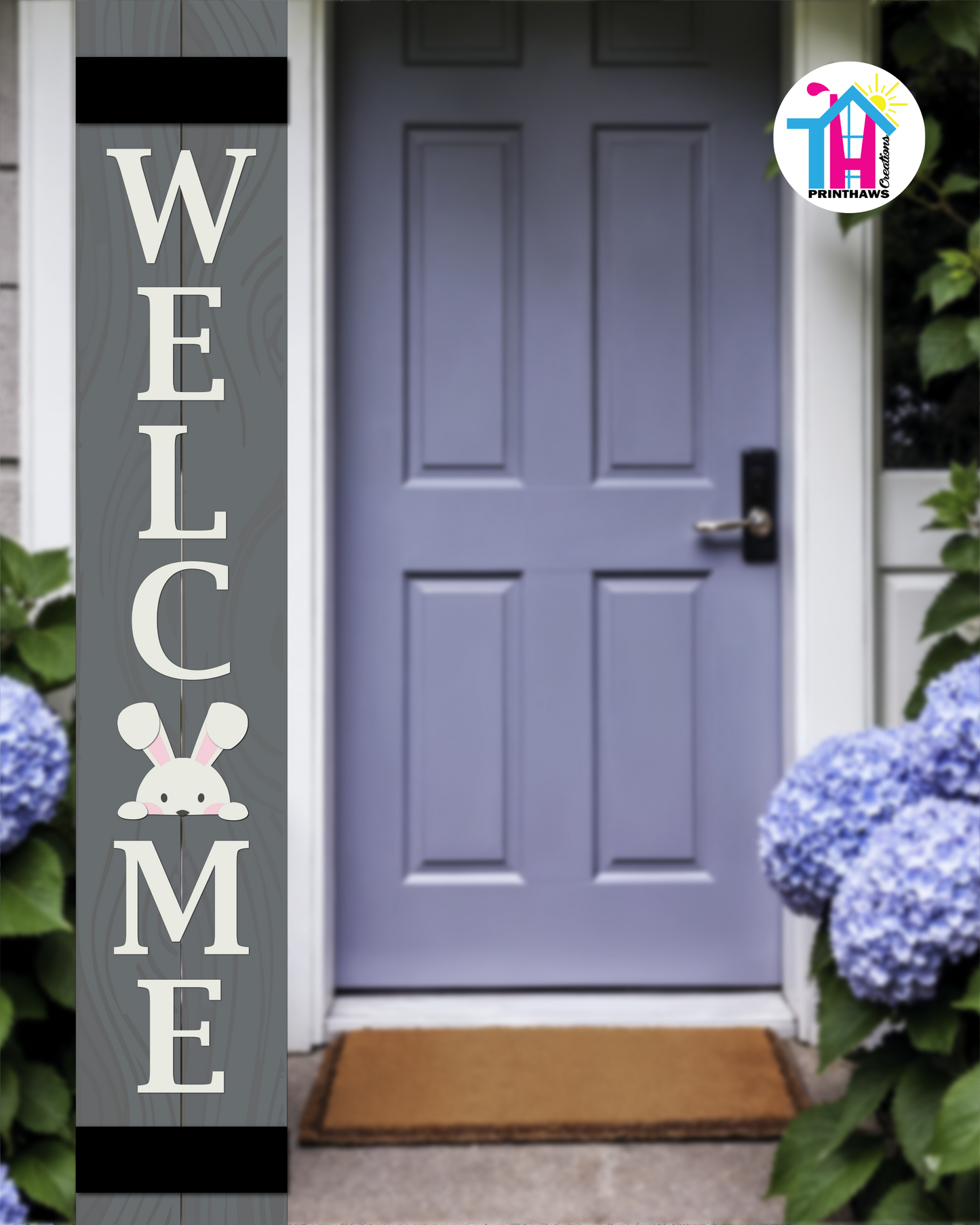 WELCOME - Vertical Sign Base (Transitional Font, Gray Base) By Printhaws Creations, Wooden Porch Sign (Approx. 6 ft x 1 ft)