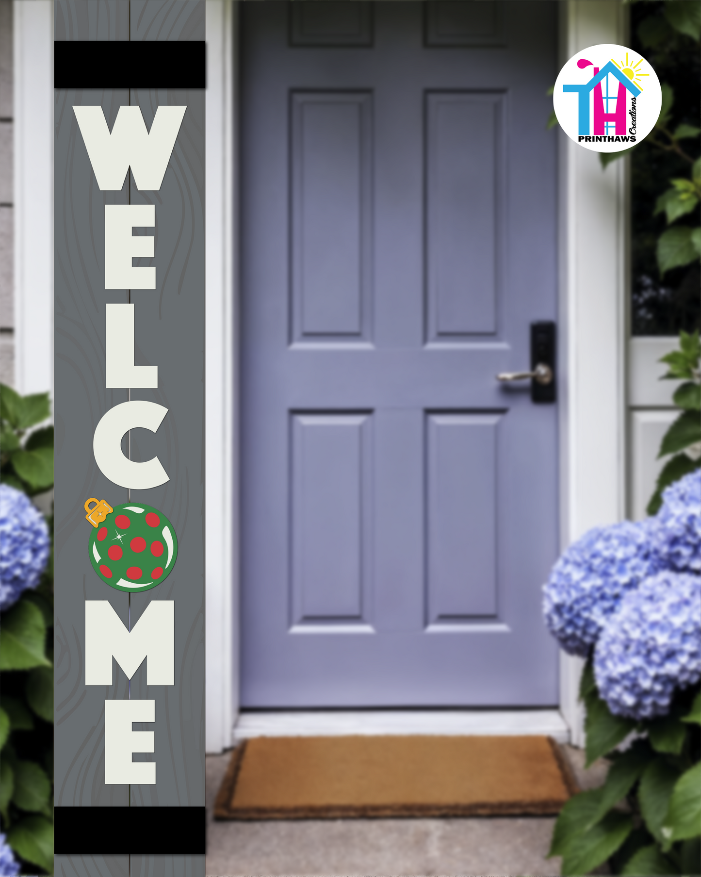 WELCOME - Vertical Sign Base (Block Font, Gray Base) By Printhaws Creations, Wooden Porch Sign (Approx. 6 ft x 1 ft)