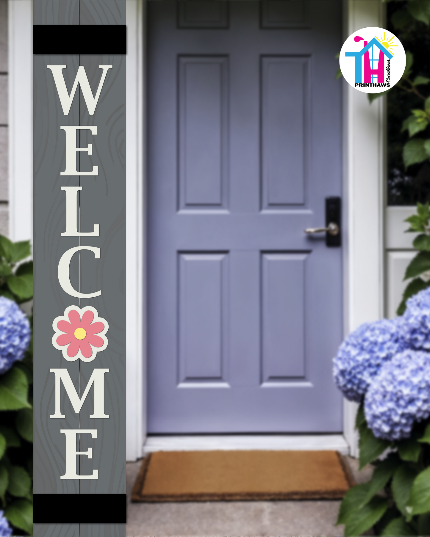 WELCOME - Vertical Sign Base (Transitional Font, Gray Base) By Printhaws Creations, Wooden Porch Sign (Approx. 6 ft x 1 ft)