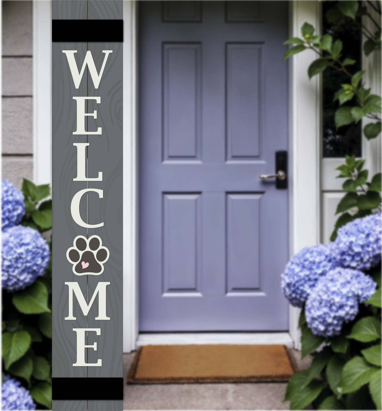 WELCOME - Vertical Sign Base (Transitional Font, Gray Base) By Printhaws Creations, Wooden Porch Sign (Approx. 6 ft x 1 ft)