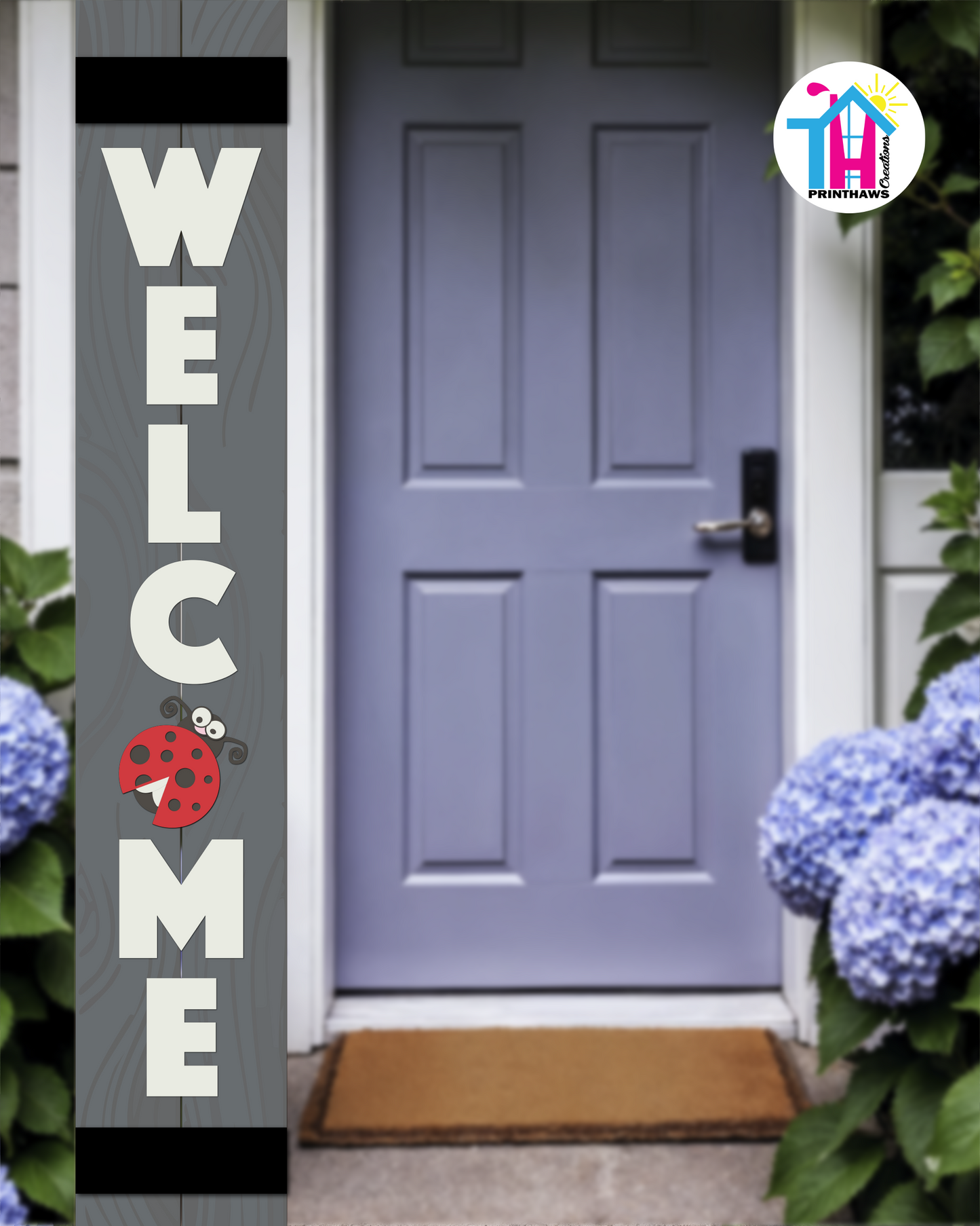 WELCOME - Vertical Sign Base (Block Font, Gray Base) By Printhaws Creations, Wooden Porch Sign (Approx. 6 ft x 1 ft)