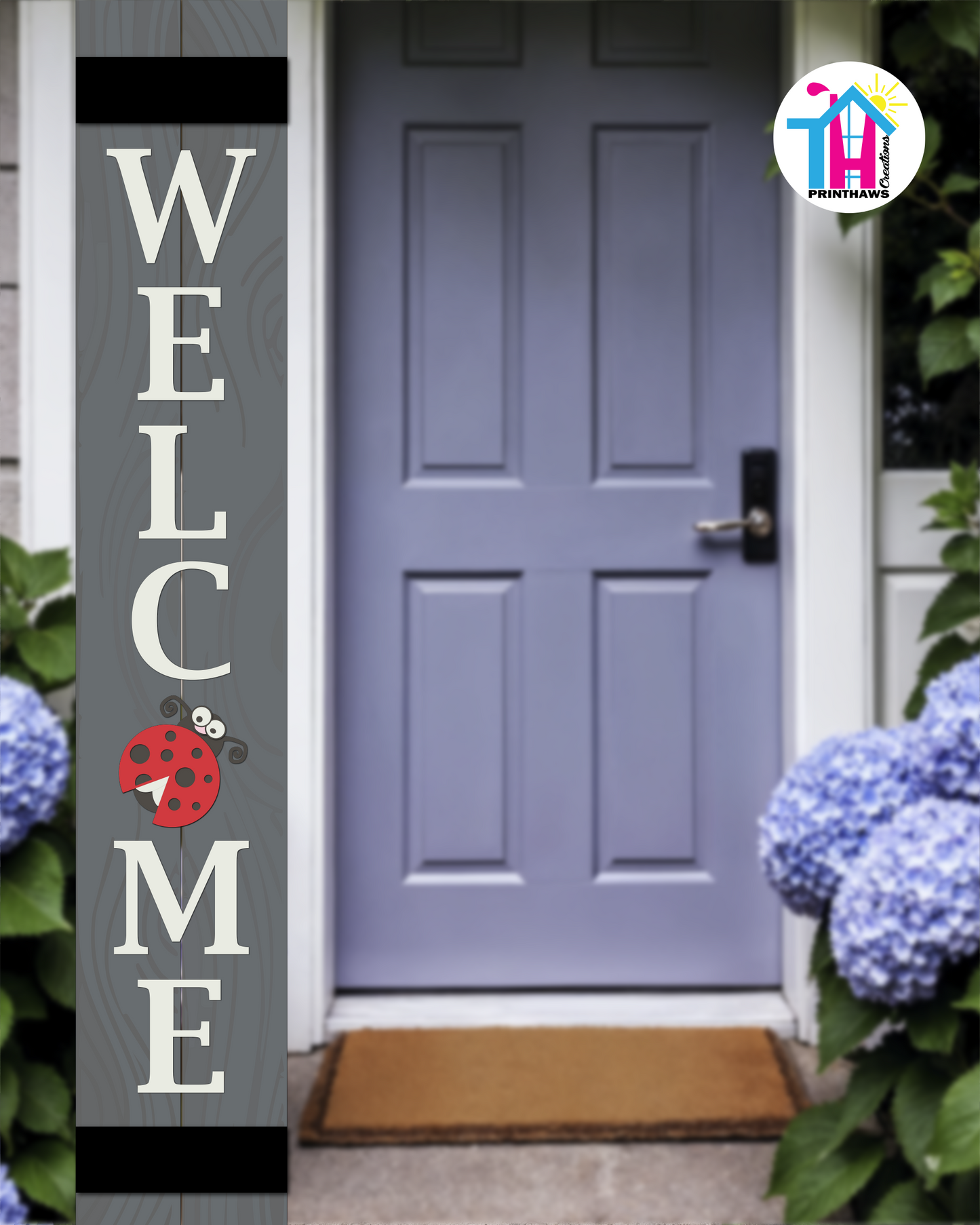 WELCOME - Vertical Sign Base (Transitional Font, Gray Base) By Printhaws Creations, Wooden Porch Sign (Approx. 6 ft x 1 ft)