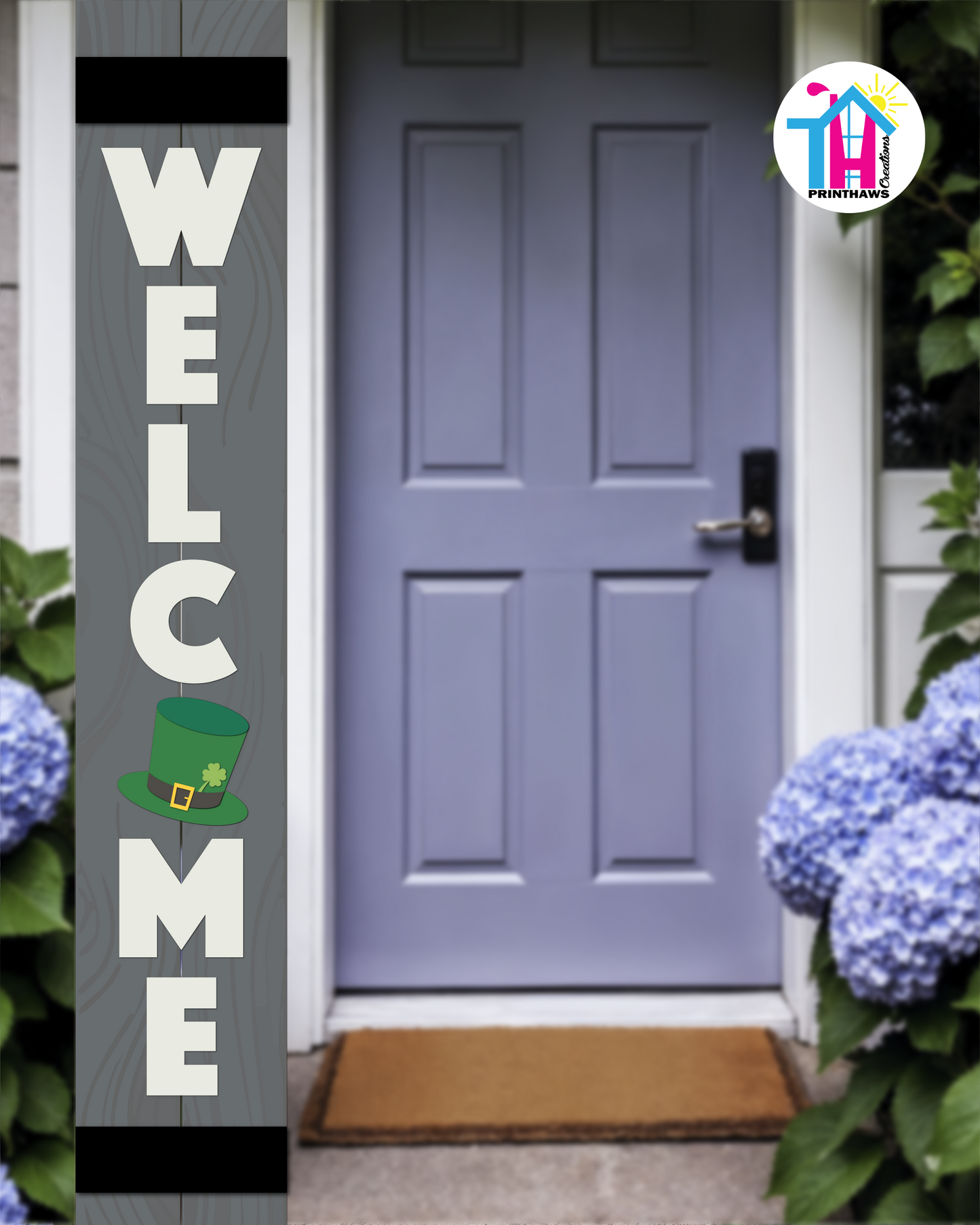 WELCOME - Vertical Sign Base (Block Font, Gray Base) By Printhaws Creations, Wooden Porch Sign (Approx. 6 ft x 1 ft)