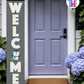 WELCOME - Vertical Sign Base (Block Font, Gray Base) By Printhaws Creations, Wooden Porch Sign (Approx. 6 ft x 1 ft)