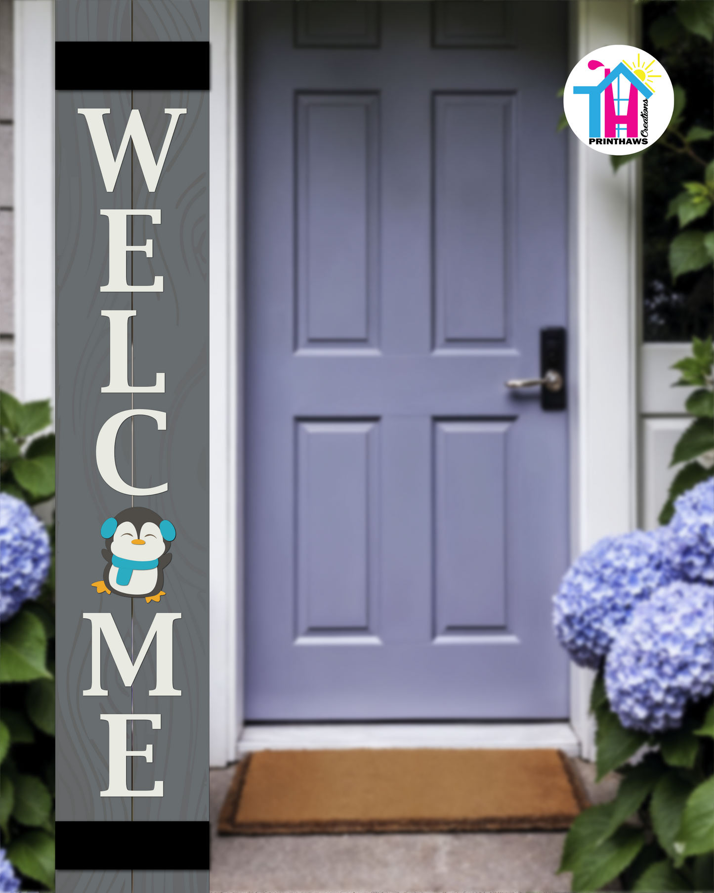 WELCOME - Vertical Sign Base (Transitional Font, Gray Base) By Printhaws Creations, Wooden Porch Sign (Approx. 6 ft x 1 ft)