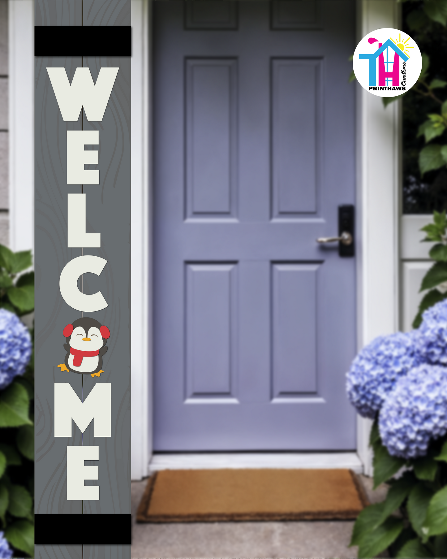 WELCOME - Vertical Sign Base (Block Font, Gray Base) By Printhaws Creations, Wooden Porch Sign (Approx. 6 ft x 1 ft)