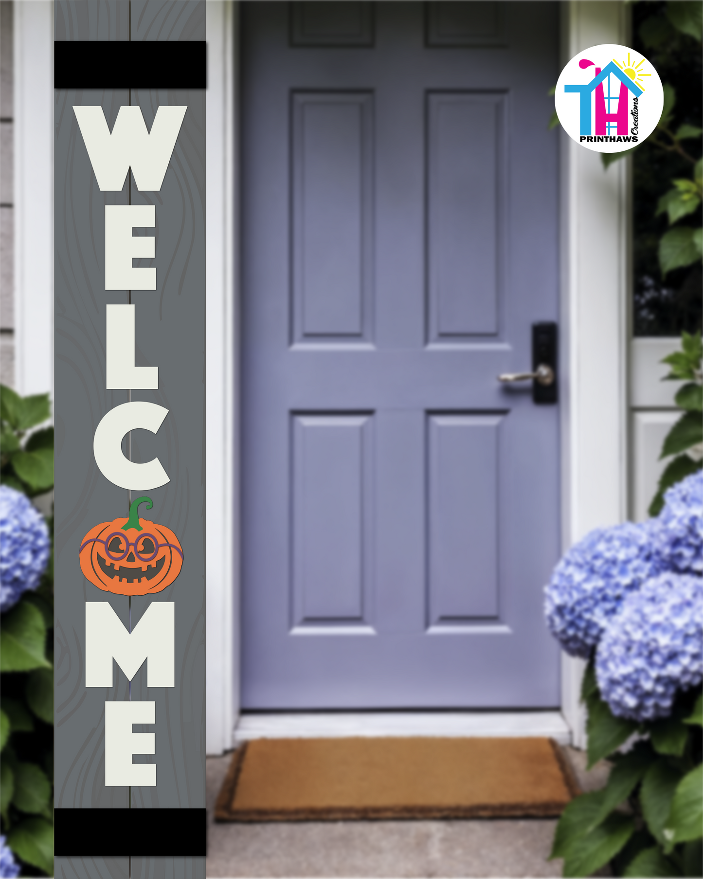 WELCOME - Vertical Sign Base (Block Font, Gray Base) By Printhaws Creations, Wooden Porch Sign (Approx. 6 ft x 1 ft)