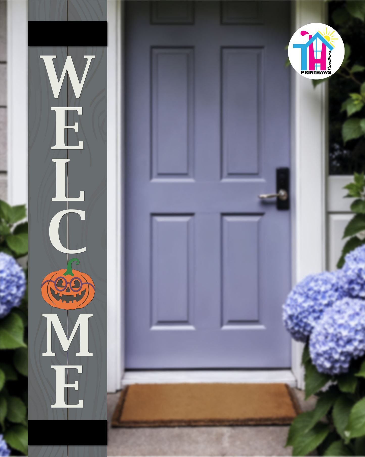 WELCOME - Vertical Sign Base (Transitional Font, Gray Base) By Printhaws Creations, Wooden Porch Sign (Approx. 6 ft x 1 ft)