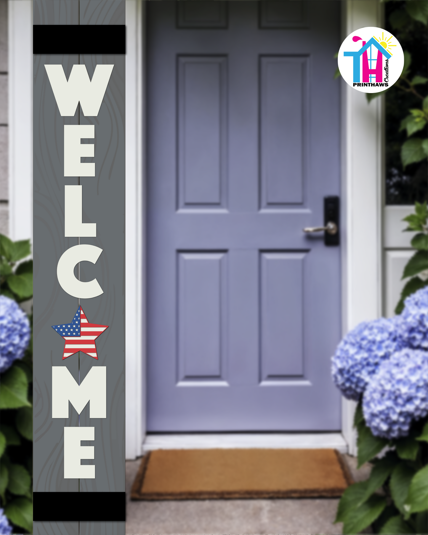 WELCOME - Vertical Sign Base (Block Font, Gray Base) By Printhaws Creations, Wooden Porch Sign (Approx. 6 ft x 1 ft)