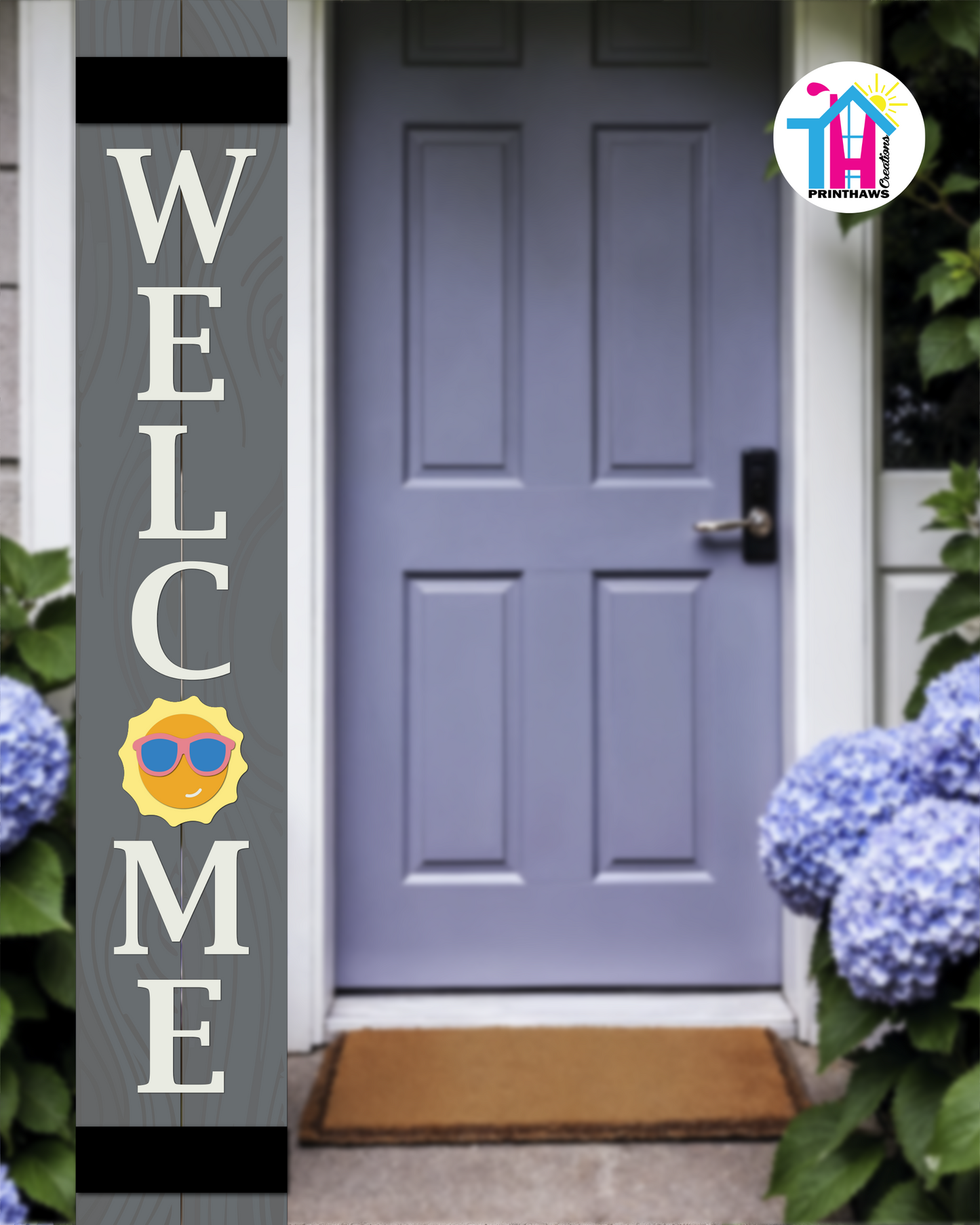 WELCOME - Vertical Sign Base (Transitional Font, Gray Base) By Printhaws Creations, Wooden Porch Sign (Approx. 6 ft x 1 ft)