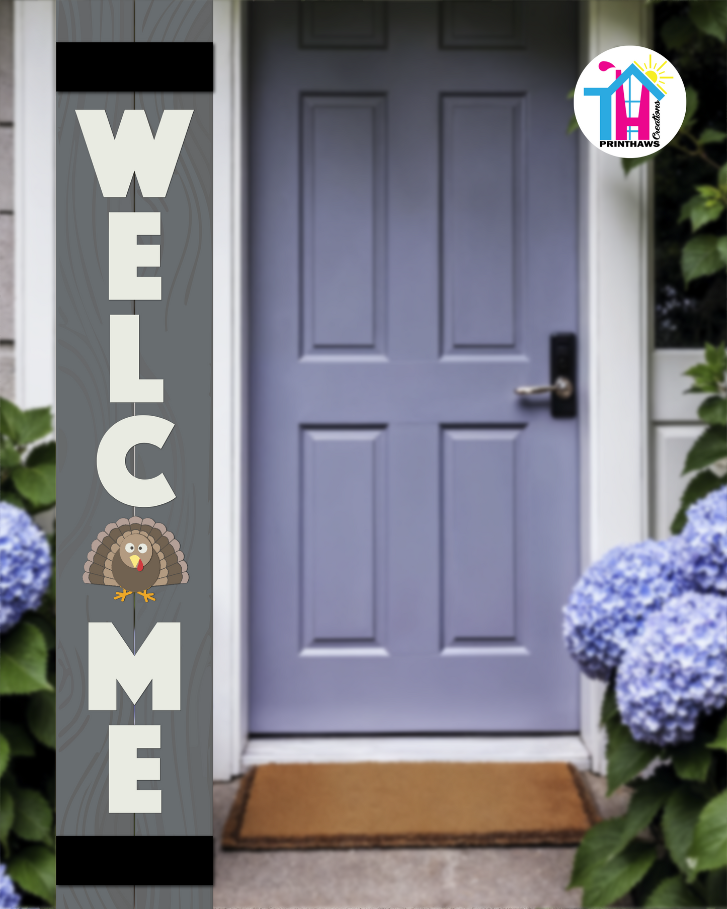 WELCOME - Vertical Sign Base (Block Font, Gray Base) By Printhaws Creations, Wooden Porch Sign (Approx. 6 ft x 1 ft)