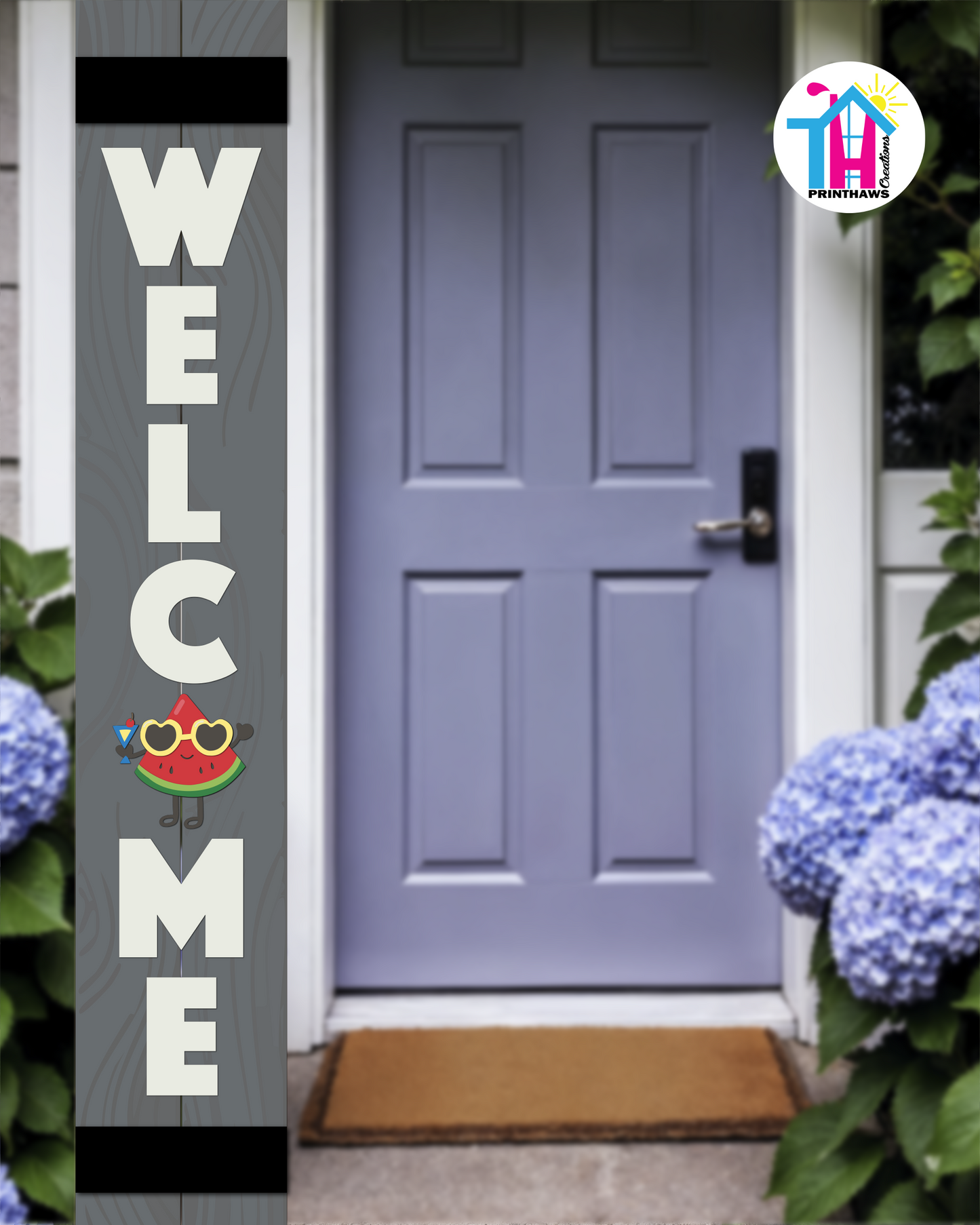 WELCOME - Vertical Sign Base (Block Font, Gray Base) By Printhaws Creations, Wooden Porch Sign (Approx. 6 ft x 1 ft)