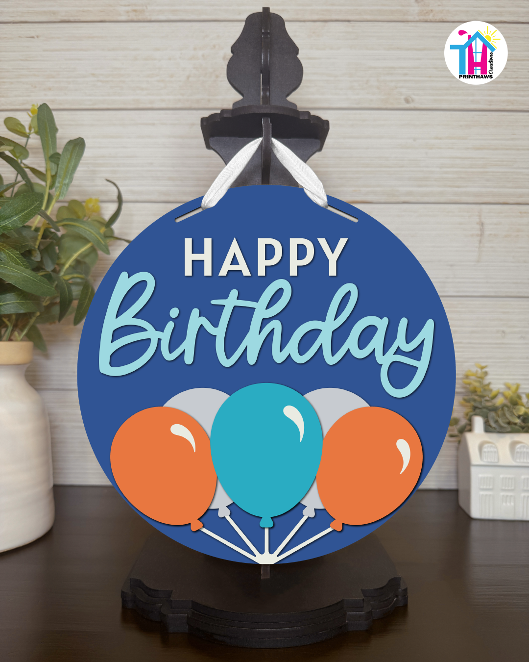 Happy Bounce - Birthday Tabletop Decor By Printhaws Creations, 10" Round Wooden Shelf Sign, Layered Hand-Painted Home Decor