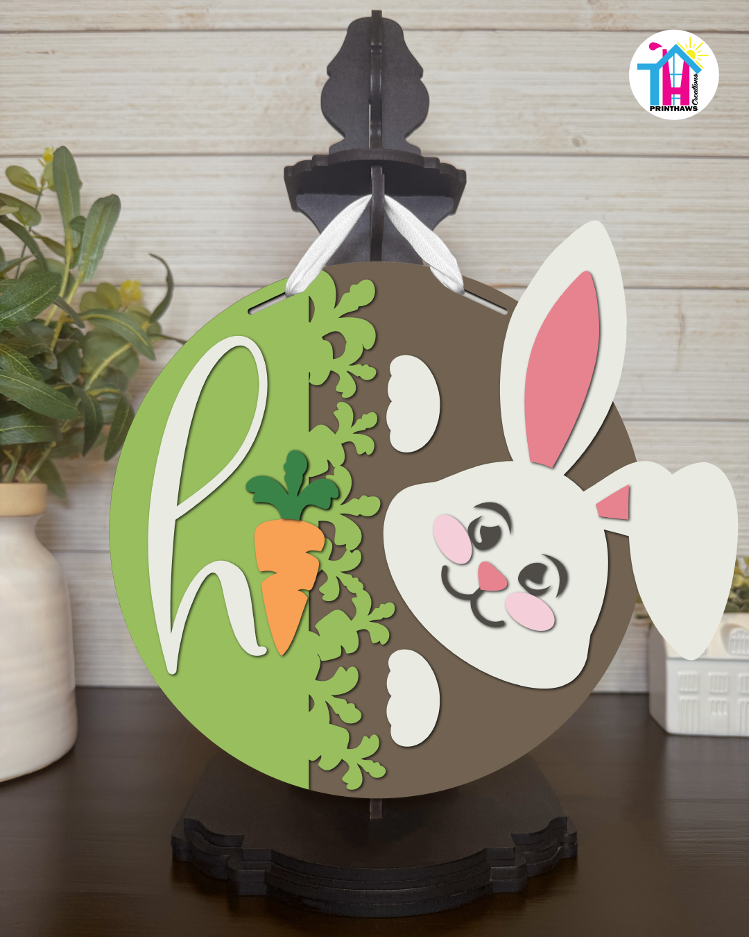Bunny - Easter Tabletop Decor By Printhaws Creations, 10" Round Wooden Shelf Sign, Layered Hand-Painted Home Decor