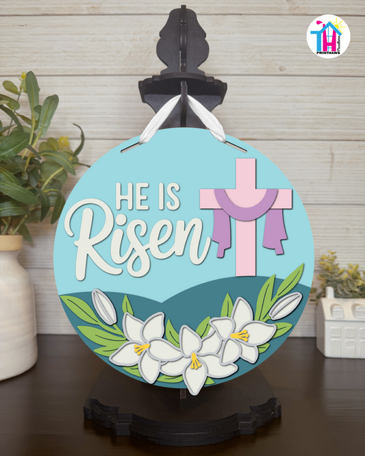 Cross - Easter Tabletop Decor By Printhaws Creations, 10" Round Wooden Shelf Sign, Layered Hand-Painted Home Decor