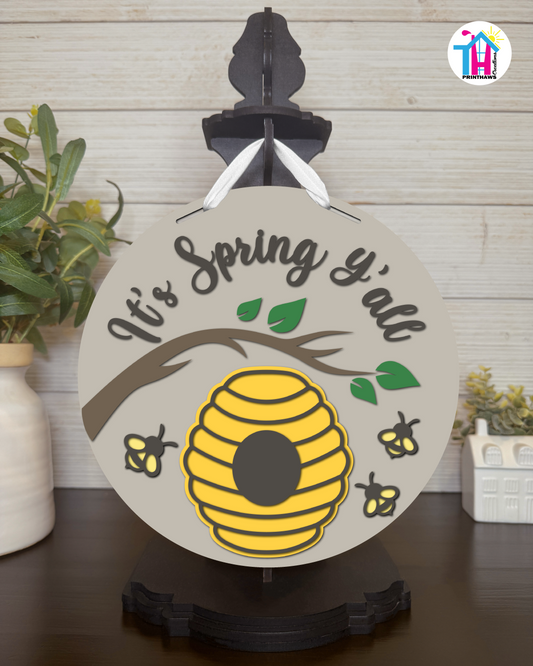Bee - Spring Tabletop Decor By Printhaws Creations, 10" Round Wooden Shelf Sign, Layered Hand-Painted Home Decor