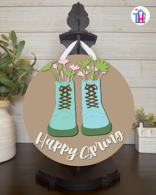 Boots - Spring Tabletop Decor By Printhaws Creations, 10" Round Wooden Shelf Sign, Layered Hand-Painted Home Decor