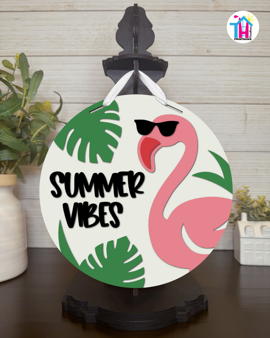 Flamingo - Summer Tabletop Decor By Printhaws Creations, 10" Round Wooden Shelf Sign, Layered Hand-Painted Home Decor