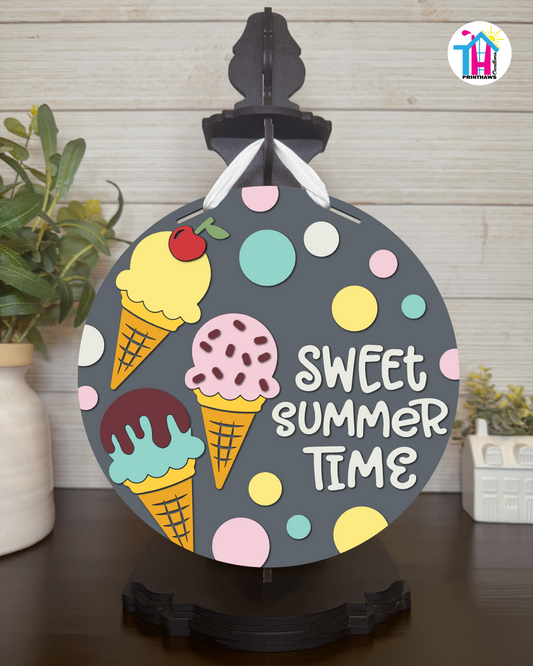 Ice Cream - Summer Tabletop Decor By Printhaws Creations, 10" Round Wooden Shelf Sign, Layered Hand-Painted Home Decor