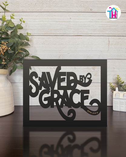 Saved By Grace - Faith Silhouette Versatile Decor By Printhaws Creations, Laser-Cut Wooden Tabletop or Wall Sign, Open-Cut Christian Home Decor