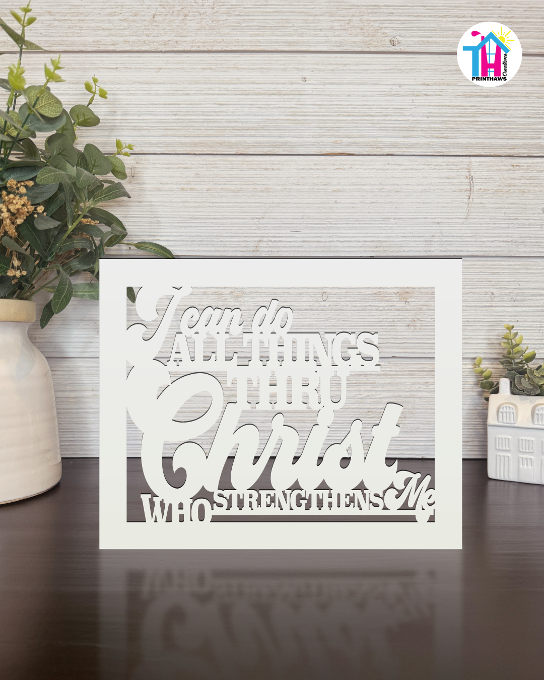 Through Christ - Faith Silhouette Versatile Decor By Printhaws Creations, Laser-Cut Wooden Tabletop or Wall Sign, Open-Cut Christian Home Decor