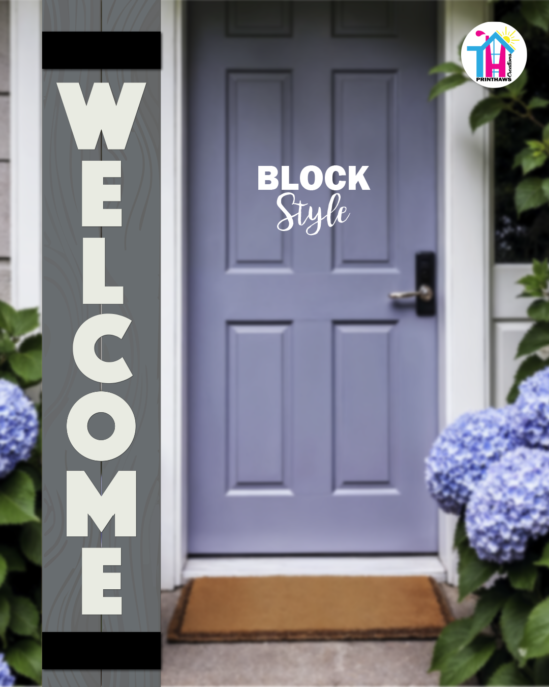 WELCOME - Vertical Sign Base (Block Font, Gray Base) By Printhaws Creations, Wooden Porch Sign (Approx. 6 ft x 1 ft)